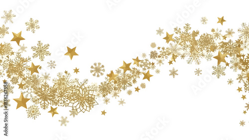 Sparkling Golden Snowflakes and Stars Swirling Festive Pattern on White Background