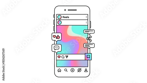 Digital smartphone illustration featuring a vibrant social media application, symbolizing modern online interaction, content sharing, and digital engagement in a contemporary context