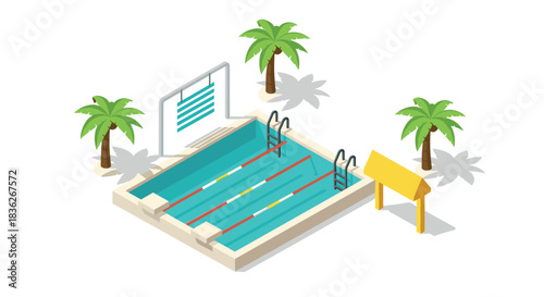 Isometric outdoor swimming pool with lanes and palm trees illustration for summer design