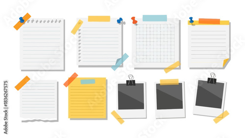 Comprehensive Set of Blank Paper Notes, Lined Pages, Graph Paper, and Instant Photo Frames, Pinned and Taped for Reminders, Creative Projects, and Organization