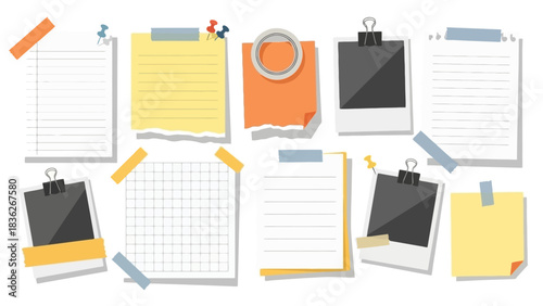 Collection of assorted memo notes and polaroid photo frames pinned on a surface