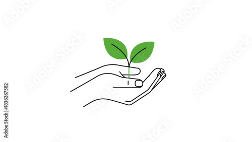 Minimalist line art icon of human hands carefully holding a small green sprout, symbolizing new life, growth, and environmental care