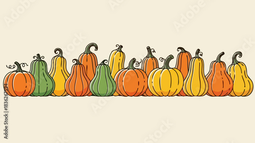 Pumpkin Patch Colorful Autumn Harvest of Squashes, Gourds, and Pumpkins