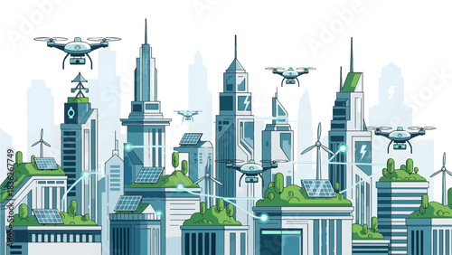 Smart Cityscape with Drones, Wind Turbines, and Solar Panels, Concept of Green Technology and Connectivity