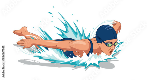 Competitive swimming athlete in action with splashing water illustration for sports motif