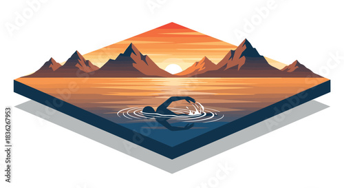 Sunset mountain lake swimming adventure design for posters and cards