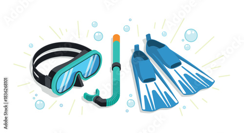 Snorkeling gear with mask, snorkel, and fins for underwater adventure and summer travel design