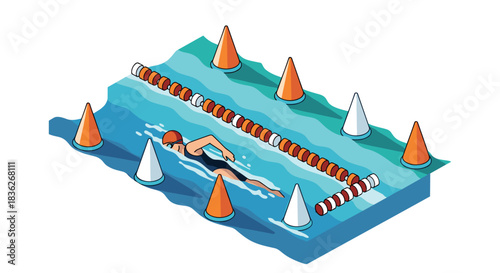 Swimming competition illustration of athlete in pool with lane markers and cones for sports event design