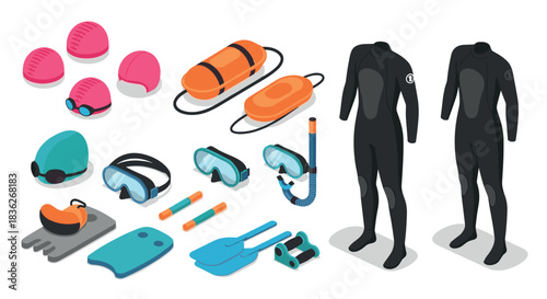 Diving and snorkeling gear collection with wetsuits and accessories for underwater adventures
