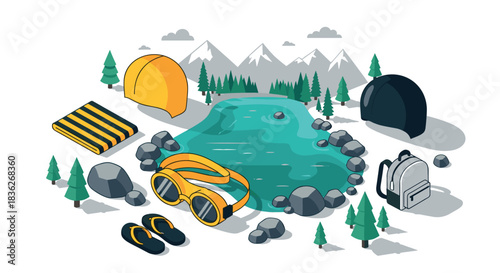 Adventure gear by mountain lake with helmets goggles and backpack for outdoor exploration design