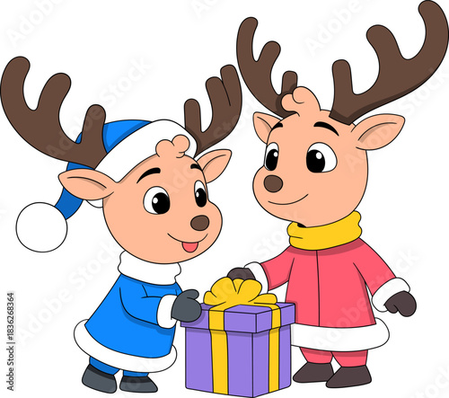 Cute Christmas reindeer characters exchanging a holiday gift