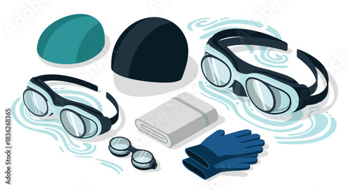 Swimming accessories set for training and recreation - goggles, caps, towel, gloves equipment illustration