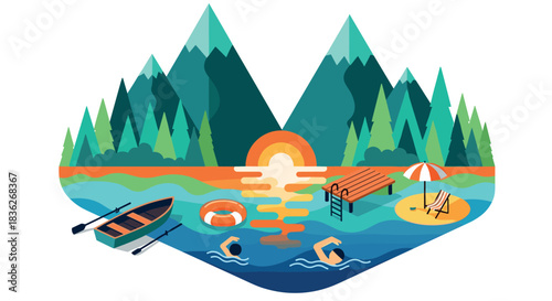 Vibrant summer lake scene with kayaking and swimming at sunset for outdoor adventure design