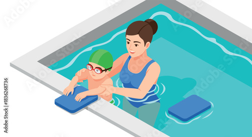 Swimming lesson with instructor assisting child for water safety education design
