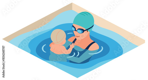 Mother and baby swimming lesson in indoor pool - child development and parenting concept art