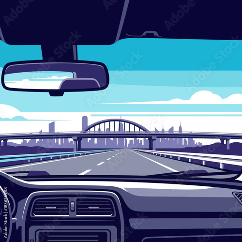 Interior view from a car dashboard looking forward.