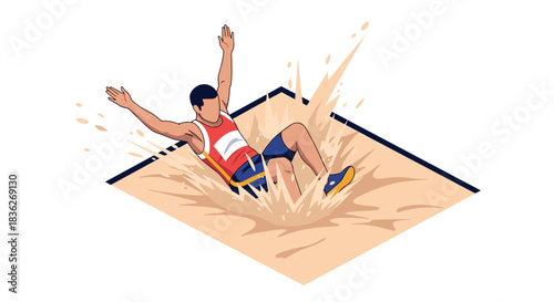 Athlete long jump success in sandpit landing with dynamic motion for sports design and athletic achievement themes
