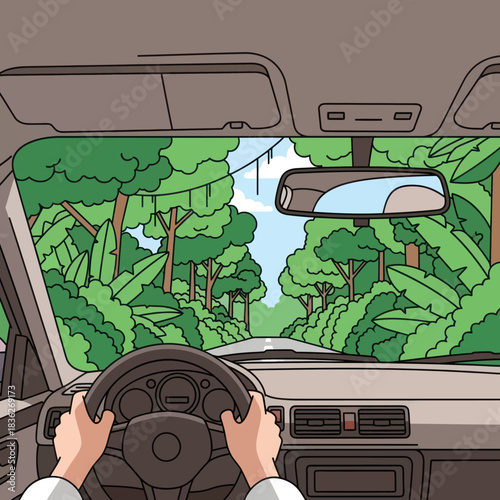First person view from inside a car with hands on the steering wheel.