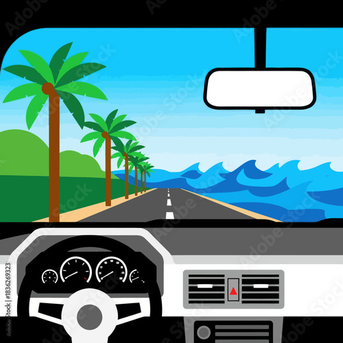 First person perspective from inside a car interior dashboard.