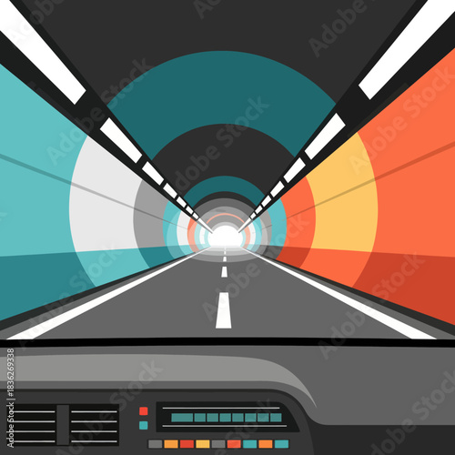 View from car dashboard driving through a colorful tunnel.