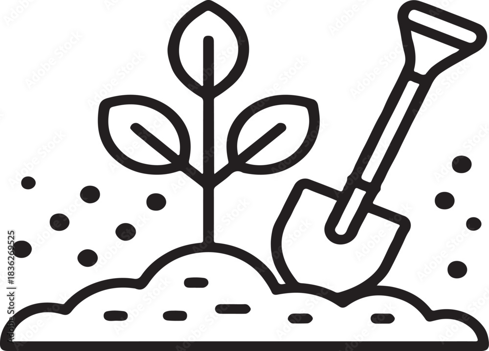 Naklejka premium Planting Seedling Icon with Shovel in Garden Soil Illustration
