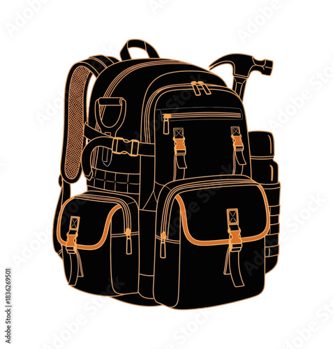 Detailed illustration of a tactical backpack with multiple pockets and straps on a black background