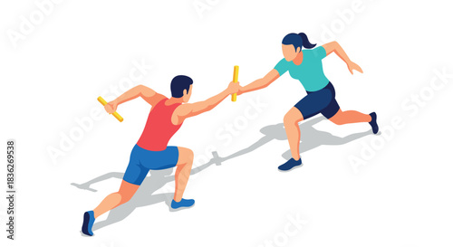 Dynamic relay race baton exchange between male and female athletes in action