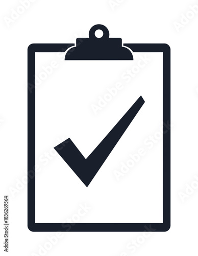 Dark clipboard icon with a check mark representing task completion and approval on a white background