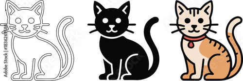 Stylized cat illustration three versions outline black and white colored cartoon