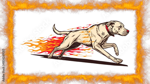 An Energetic Dog Bursts Forward Propelled By Cartoon Flames In Vibrant Digital Illustration Style

