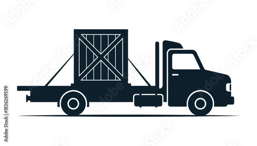 Flatbed truck carrying a large box secured with straps against a black background illustration