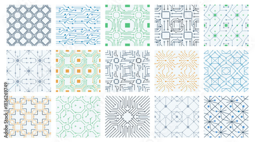 Technology Circuit Vector Seamless Pattern Set – Futuristic Tech Backgrounds