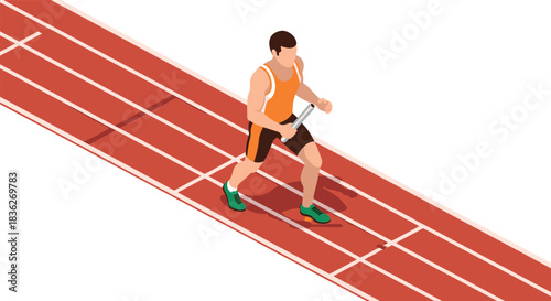 Athlete running on track with relay baton in isometric style for sports illustrations