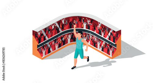 Athlete celebrating victory in marathon with cheerful crowd silhouette background