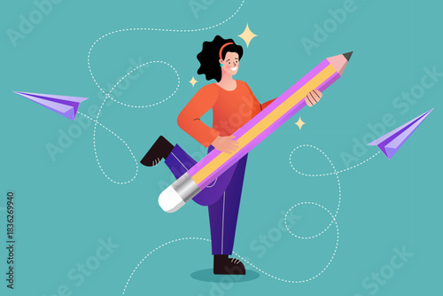 Happy woman holding a giant pencil representing creative education and design thinking. Concept of student learning inspiration, artistic writing workshop, and developing new ideas.