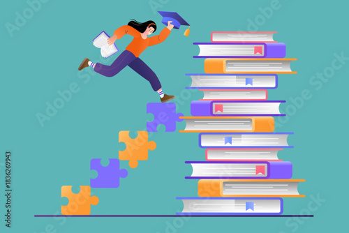 Woman running up puzzle stairs to reach a graduation cap on stack of books. Concept of education success goal, academic achievement, university learning scholarship, and knowledge development.