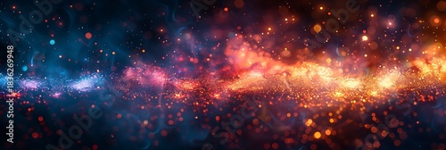 Panoramic view of vibrant nebula and glowing cosmic dust clouds