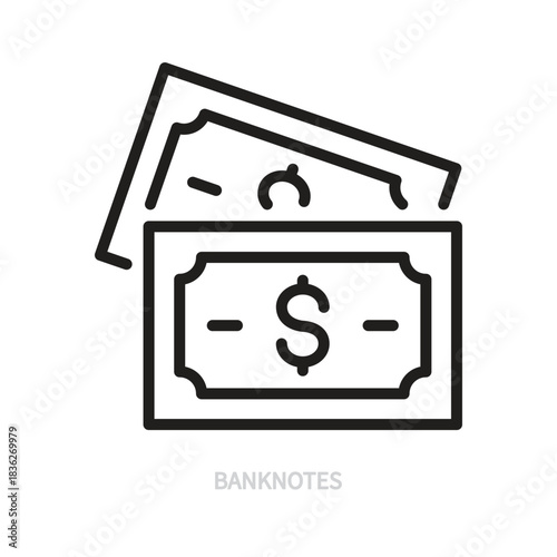 Banknotes line black icon. Dollar bill sign. Money, cash, banknote symbol. Business, finance, currency concept. Editable stroke. Vector illustration. Isolated on a white background. Flat design.