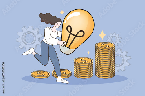 Happy businesswoman carrying a big lightbulb walking up gold coin stairs with gears background. Concept of successful business idea, financial growth, startup investment, and earning profit.