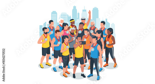 Marathon runners celebrating victory with medals in urban setting - vector illustration for event promotion