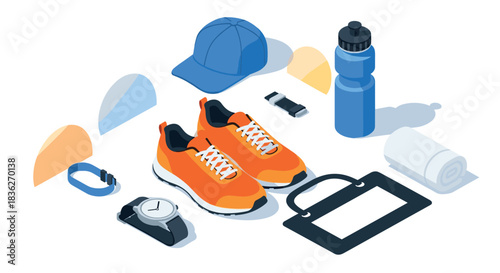 Sports accessories illustration with hat, shoes, and water bottle for fitness design