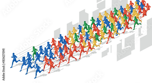 Vibrant multicolored runners in motion with abstract geometric background for dynamic sports design