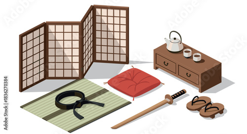 Traditional japanese living space elements with tatami, shogi screen, and samurai sword for home decor or cultural design