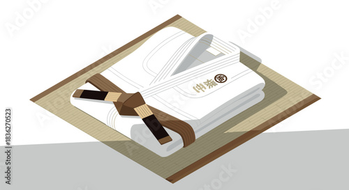 Karate uniform with brown belt on tatami mat for martial arts decor and design