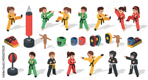 Isometric martial arts children training with punching bags and gear for karate kids illustration