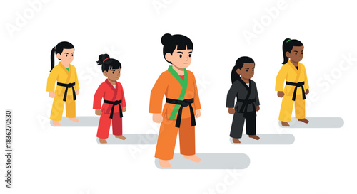 Diverse group of children in martial arts uniforms practicing karate