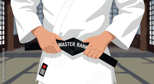 Martial arts mastery achievement with black belt in traditional dojo setting
