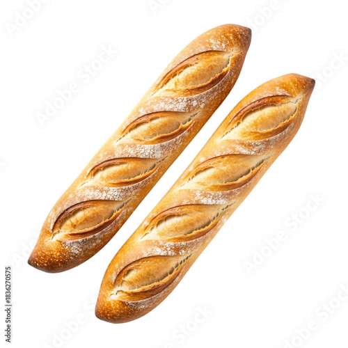Two golden-crusted french baguettes, freshly baked, isolated for design