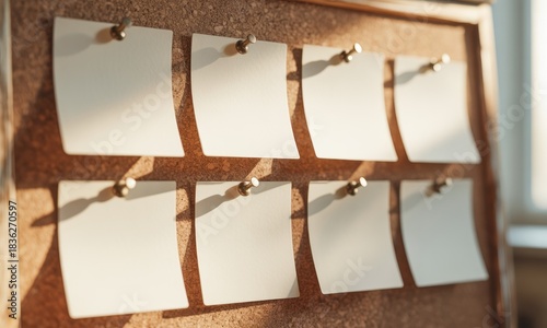 Blank sticky notes affixed to a cork board, back lit by sunlight