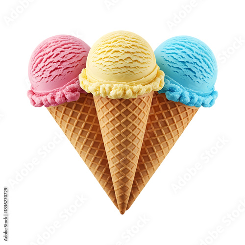 Three vibrant ice cream scoops in crisp waffle cones, refreshing summer treat